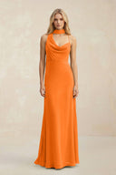 Cowl Neck Sheath Chiffon Maxi Bridesmaid Dress With Ribbon in Cinnamon - SHE IS ME Bridesmaid Dresses