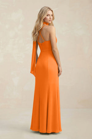 Cowl Neck Sheath Chiffon Maxi Bridesmaid Dress With Ribbon in Cinnamon - SHE IS ME Bridesmaid Dresses