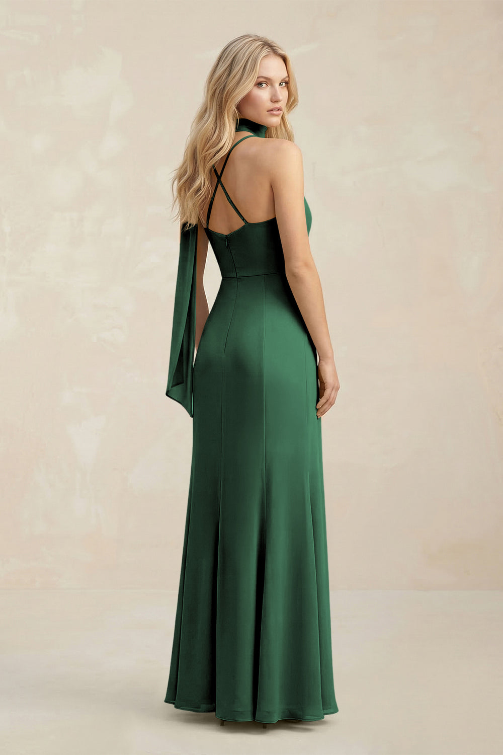 Cowl Neck Sheath Chiffon Maxi Bridesmaid Dress With Ribbon in Dark Green