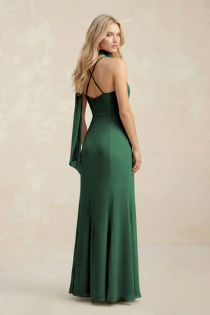 Cowl Neck Sheath Chiffon Maxi Bridesmaid Dress With Ribbon in Dark Green (2) | KISSBRIDAL