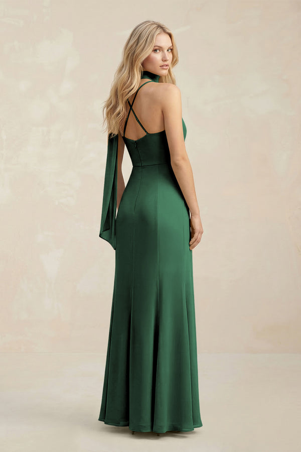 Cowl Neck Sheath Chiffon Maxi Bridesmaid Dress With Ribbon in Dark Green (2) | KISSBRIDAL