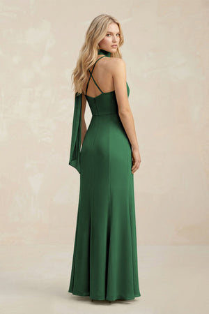 Cowl Neck Sheath Chiffon Maxi Bridesmaid Dress With Ribbon in Dark Green - SHE IS ME Bridesmaid Dresses