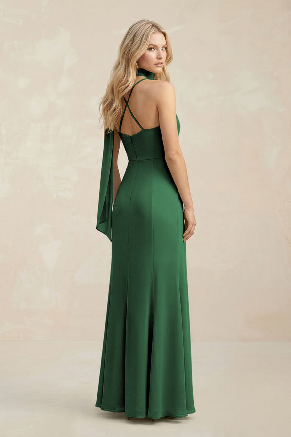 Cowl Neck Sheath Chiffon Maxi Bridesmaid Dress With Ribbon in Dark Green - SHE IS ME Bridesmaid Dresses