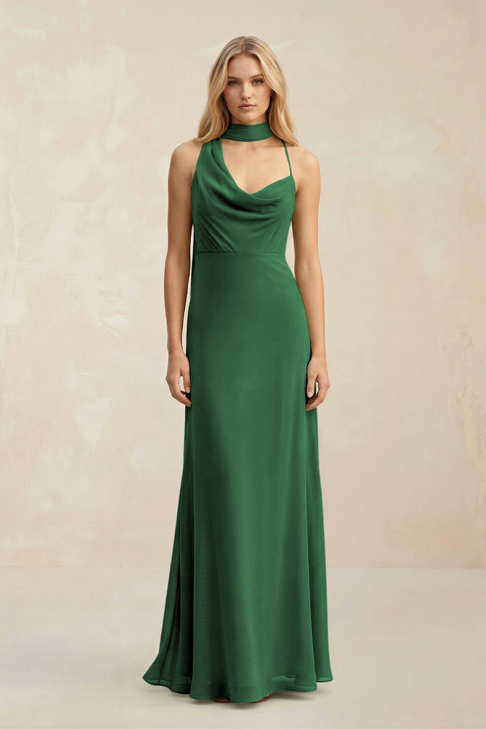 Cowl Neck Sheath Chiffon Maxi Bridesmaid Dress With Ribbon in Dark Green - KISS BRIDAL Bridesmaid Dresses