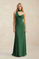 Cowl Neck Sheath Chiffon Maxi Bridesmaid Dress With Ribbon in Dark Green - SHE IS ME Bridesmaid Dresses