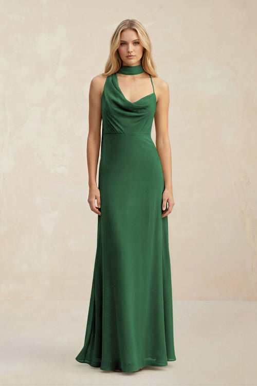 Cowl Neck Sheath Chiffon Maxi Bridesmaid Dress With Ribbon in Dark Green - SHE IS ME Bridesmaid Dresses