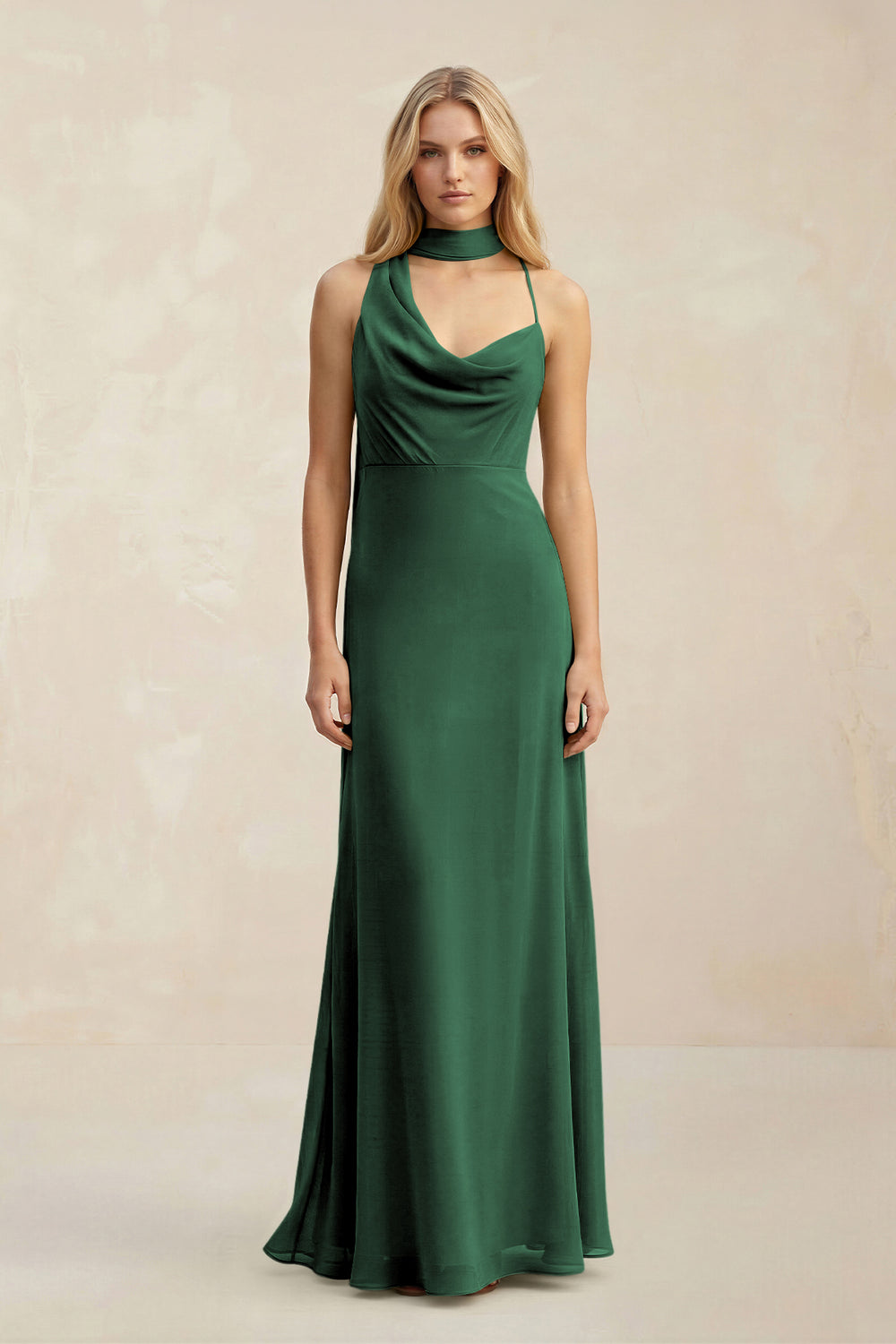 Cowl Neck Sheath Chiffon Maxi Bridesmaid Dress With Ribbon in Dark Green