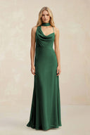 Cowl Neck Sheath Chiffon Maxi Bridesmaid Dress With Ribbon in Dark Green | KISSBRIDAL