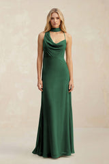 Cowl Neck Sheath Chiffon Maxi Bridesmaid Dress With Ribbon in Dark Green | KISSBRIDAL