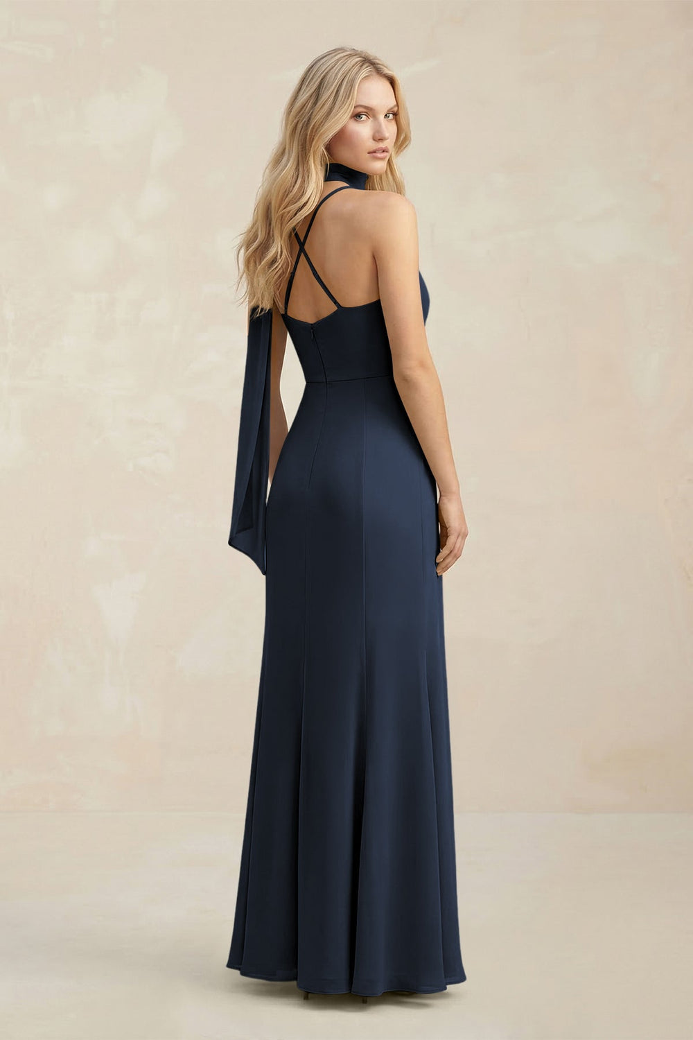 Cowl Neck Sheath Chiffon Maxi Bridesmaid Dress With Ribbon in Dark Navy - KISS BRIDAL Bridesmaid Dresses