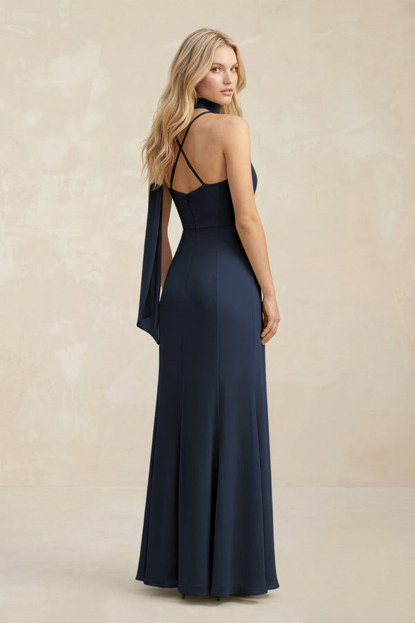 Cowl Neck Sheath Chiffon Maxi Bridesmaid Dress With Ribbon in Dark Navy - SHE IS ME Bridesmaid Dresses