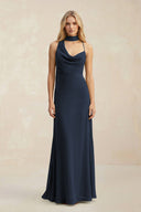 Cowl Neck Sheath Chiffon Maxi Bridesmaid Dress With Ribbon in Dark Navy - SHE IS ME Bridesmaid Dresses