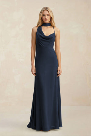 Cowl Neck Sheath Chiffon Maxi Bridesmaid Dress With Ribbon in Dark Navy - SHE IS ME Bridesmaid Dresses