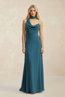 Cowl Neck Sheath Chiffon Maxi Bridesmaid Dress With Ribbon in Dark Teal - SHE IS ME Bridesmaid Dresses