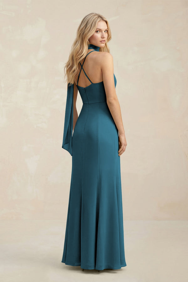 Cowl Neck Sheath Chiffon Maxi Bridesmaid Dress With Ribbon in Dark Teal - SHE IS ME Bridesmaid Dresses
