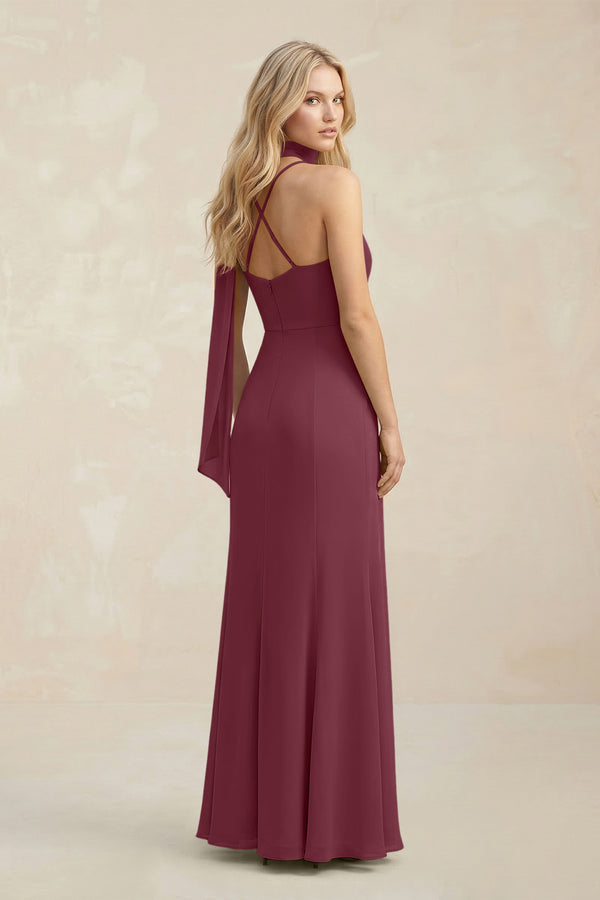 Cowl Neck Sheath Chiffon Maxi Bridesmaid Dress With Ribbon in Desert Rose (2) | KISSBRIDAL