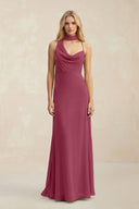 Cowl Neck Sheath Chiffon Maxi Bridesmaid Dress With Ribbon in Desert Rose - SHE IS ME Bridesmaid Dresses