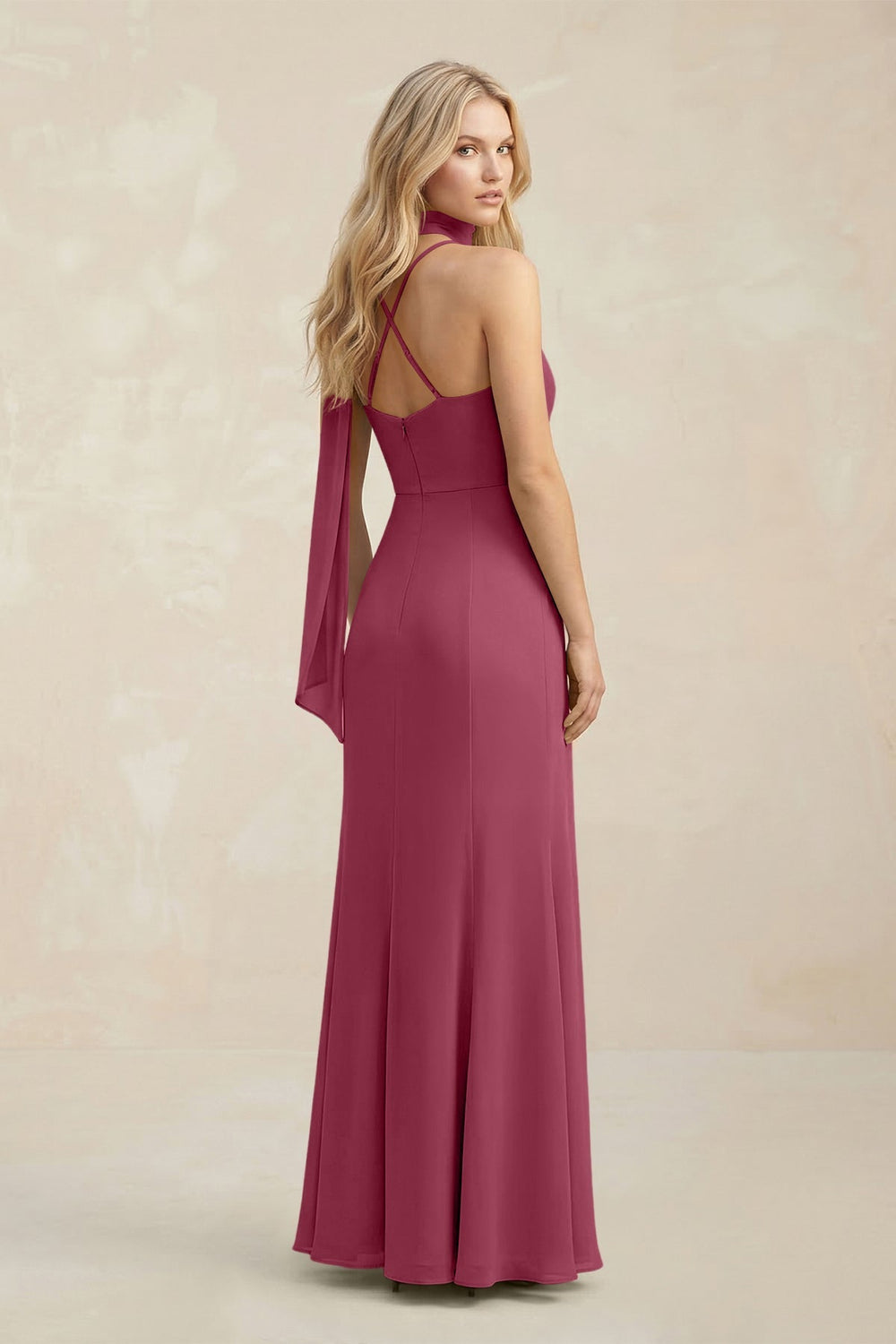 Cowl Neck Sheath Chiffon Maxi Bridesmaid Dress With Ribbon in Desert Rose - KISS BRIDAL Bridesmaid Dresses