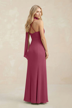 Cowl Neck Sheath Chiffon Maxi Bridesmaid Dress With Ribbon in Desert Rose - SHE IS ME Bridesmaid Dresses