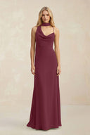 Cowl Neck Sheath Chiffon Maxi Bridesmaid Dress With Ribbon in Desert Rose | KISSBRIDAL