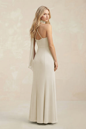Cowl Neck Sheath Chiffon Maxi Bridesmaid Dress With Ribbon in Dove Gray - SHE IS ME Bridesmaid Dresses
