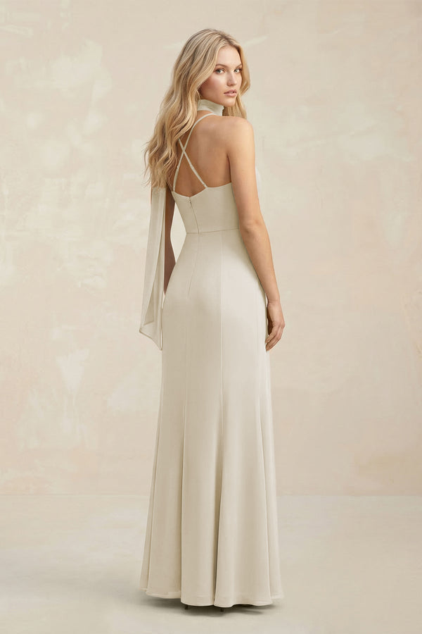 Cowl Neck Sheath Chiffon Maxi Bridesmaid Dress With Ribbon in Dove Gray - SHE IS ME Bridesmaid Dresses