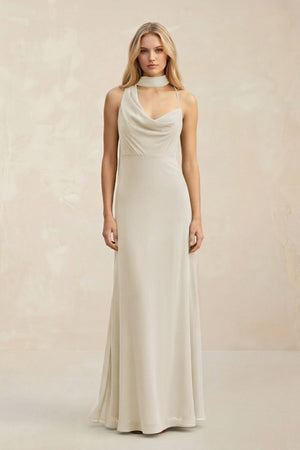Cowl Neck Sheath Chiffon Maxi Bridesmaid Dress With Ribbon in Dove Gray - SHE IS ME Bridesmaid Dresses