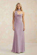 Cowl Neck Sheath Chiffon Maxi Bridesmaid Dress With Ribbon in Dusk - SHE IS ME Bridesmaid Dresses