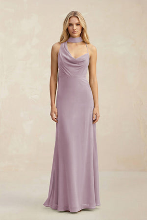 Cowl Neck Sheath Chiffon Maxi Bridesmaid Dress With Ribbon in Dusk - SHE IS ME Bridesmaid Dresses