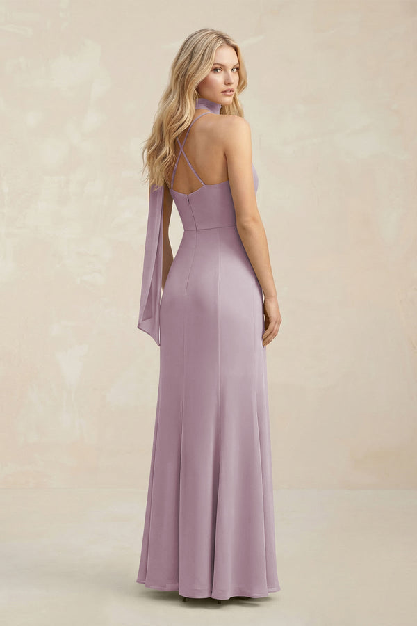 Cowl Neck Sheath Chiffon Maxi Bridesmaid Dress With Ribbon in Dusk - SHE IS ME Bridesmaid Dresses