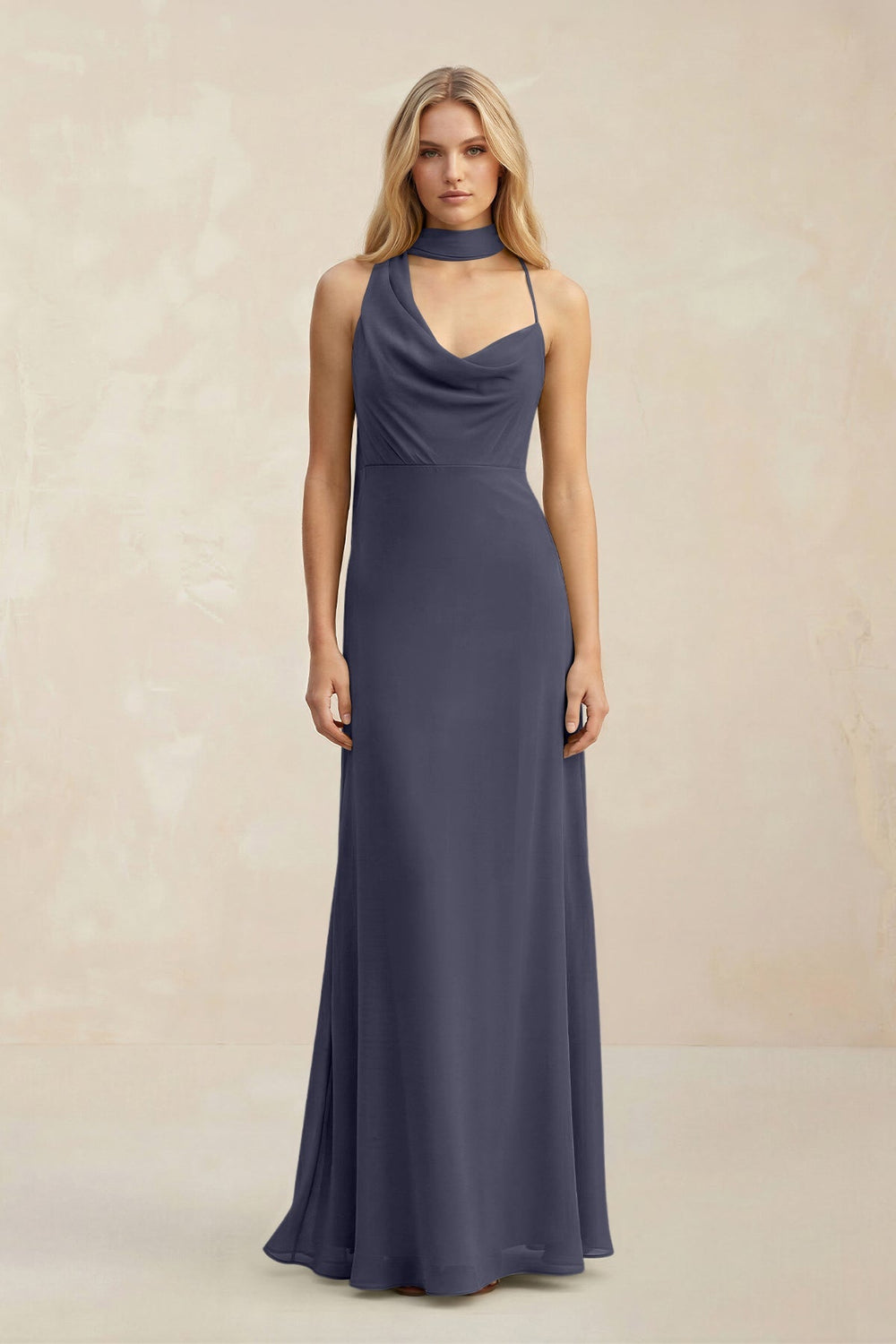 Cowl Neck Sheath Chiffon Maxi Bridesmaid Dress With Ribbon in Dusk Blue - KISS BRIDAL Bridesmaid Dresses