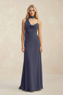 Cowl Neck Sheath Chiffon Maxi Bridesmaid Dress With Ribbon in Dusk Blue - SHE IS ME Bridesmaid Dresses