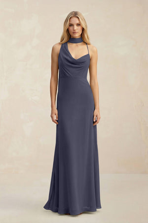 Cowl Neck Sheath Chiffon Maxi Bridesmaid Dress With Ribbon in Dusk Blue - SHE IS ME Bridesmaid Dresses
