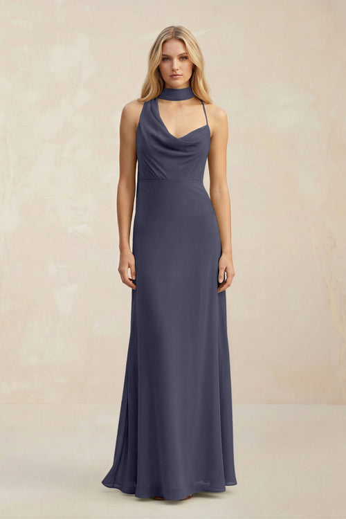 Cowl Neck Sheath Chiffon Maxi Bridesmaid Dress With Ribbon in Dusk Blue - SHE IS ME Bridesmaid Dresses