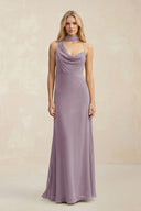 Cowl Neck Sheath Chiffon Maxi Bridesmaid Dress With Ribbon in Dusk | KISSBRIDAL