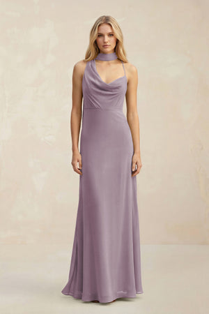 Cowl Neck Sheath Chiffon Maxi Bridesmaid Dress With Ribbon in Dusk | KISSBRIDAL