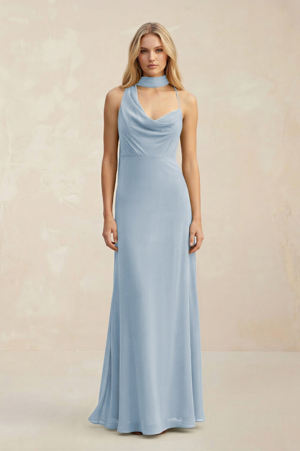 Cowl Neck Sheath Chiffon Maxi Bridesmaid Dress With Ribbon in Dusty Blue - KISS BRIDAL Bridesmaid Dresses