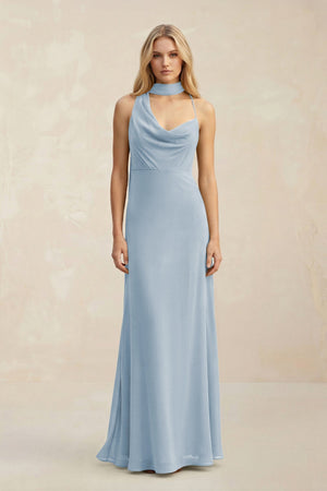 Cowl Neck Sheath Chiffon Maxi Bridesmaid Dress With Ribbon in Dusty Blue - SHE IS ME Bridesmaid Dresses