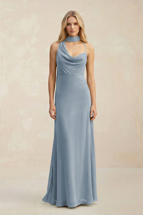 Cowl Neck Sheath Chiffon Maxi Bridesmaid Dress With Ribbon in Dusty Blue | KISSBRIDAL