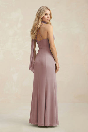 Cowl Neck Sheath Chiffon Maxi Bridesmaid Dress With Ribbon in Dusty Rose (2) | KISSBRIDAL