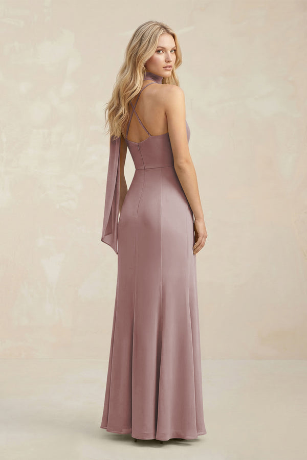 Cowl Neck Sheath Chiffon Maxi Bridesmaid Dress With Ribbon in Dusty Rose (2) | KISSBRIDAL