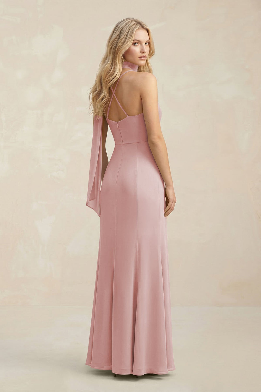 Cowl Neck Sheath Chiffon Maxi Bridesmaid Dress With Ribbon in Dusty Rose - KISS BRIDAL Bridesmaid Dresses