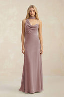 Cowl Neck Sheath Chiffon Maxi Bridesmaid Dress With Ribbon in Dusty Rose | KISSBRIDAL