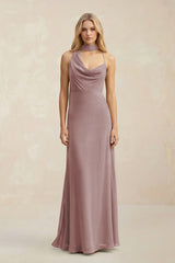 Cowl Neck Sheath Chiffon Maxi Bridesmaid Dress With Ribbon in Dusty Rose | KISSBRIDAL