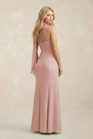 Cowl Neck Sheath Chiffon Maxi Bridesmaid Dress With Ribbon in English Rose (2) | KISSBRIDAL