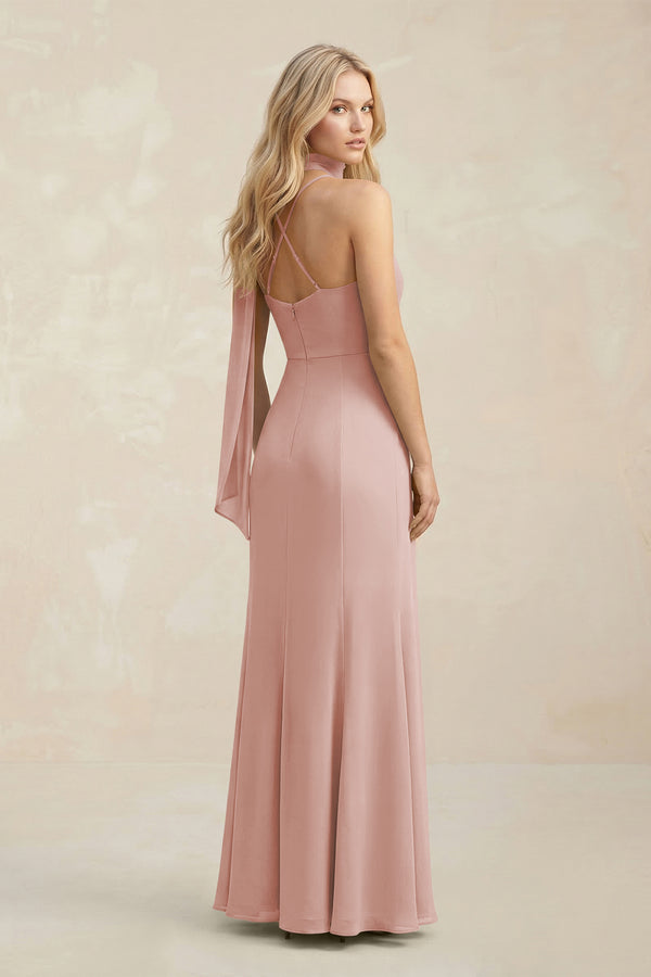 Cowl Neck Sheath Chiffon Maxi Bridesmaid Dress With Ribbon in English Rose (2) | KISSBRIDAL