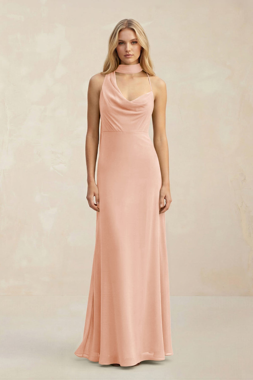 Cowl Neck Sheath Chiffon Maxi Bridesmaid Dress With Ribbon in English Rose - KISS BRIDAL Bridesmaid Dresses