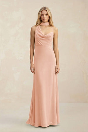 Cowl Neck Sheath Chiffon Maxi Bridesmaid Dress With Ribbon in English Rose - SHE IS ME Bridesmaid Dresses