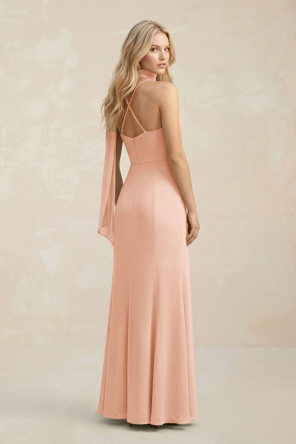 Cowl Neck Sheath Chiffon Maxi Bridesmaid Dress With Ribbon in English Rose - KISS BRIDAL Bridesmaid Dresses