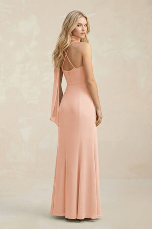 Cowl Neck Sheath Chiffon Maxi Bridesmaid Dress With Ribbon in English Rose - SHE IS ME Bridesmaid Dresses